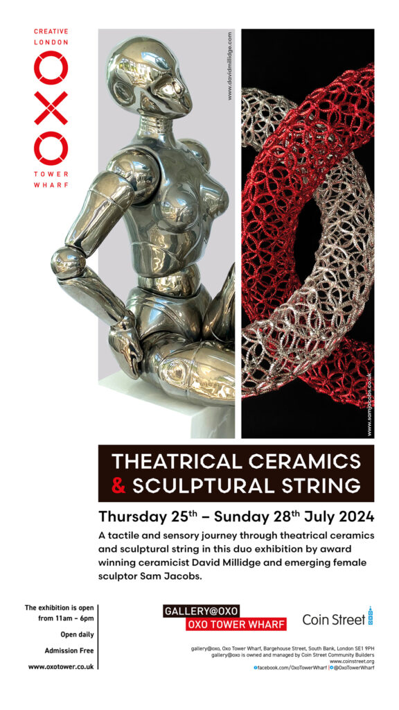 theatrical ceramics and sculptural string exhibition at the oxo london by david millidge and sam jacobs